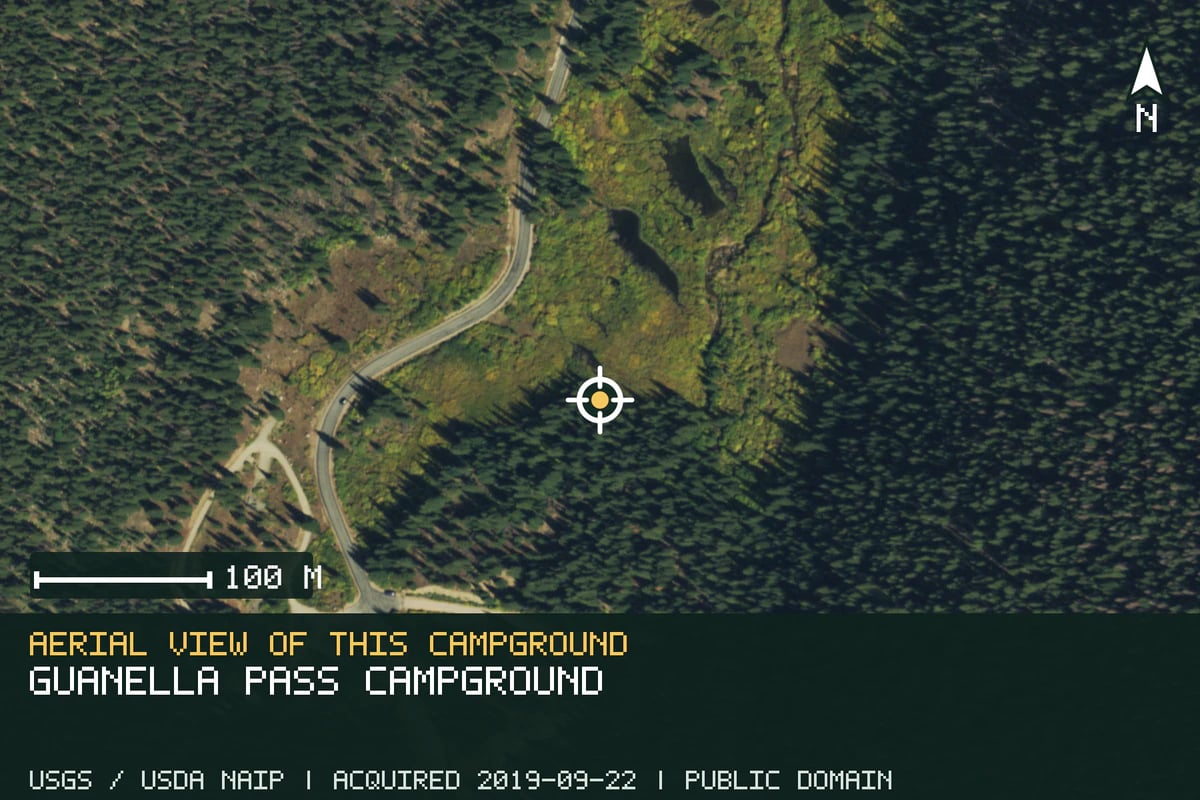 Aerial view of Guanella Pass Campground, with the verified campground location marked.