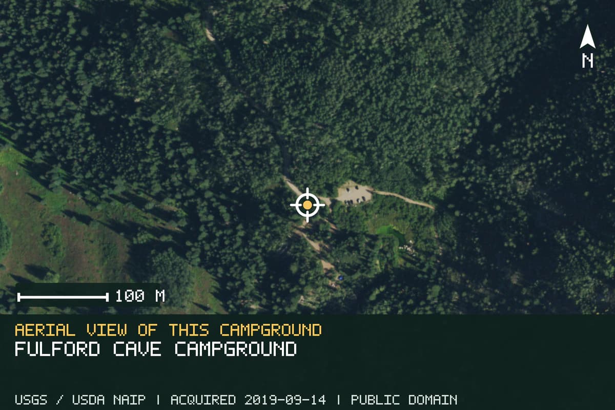 Aerial view of Fulford Cave Campground, with the verified campground location marked.