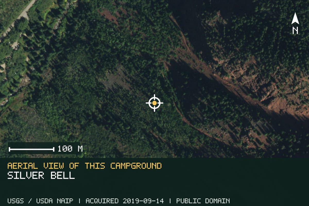 Aerial view of Silver Bell, with the verified campground location marked.
