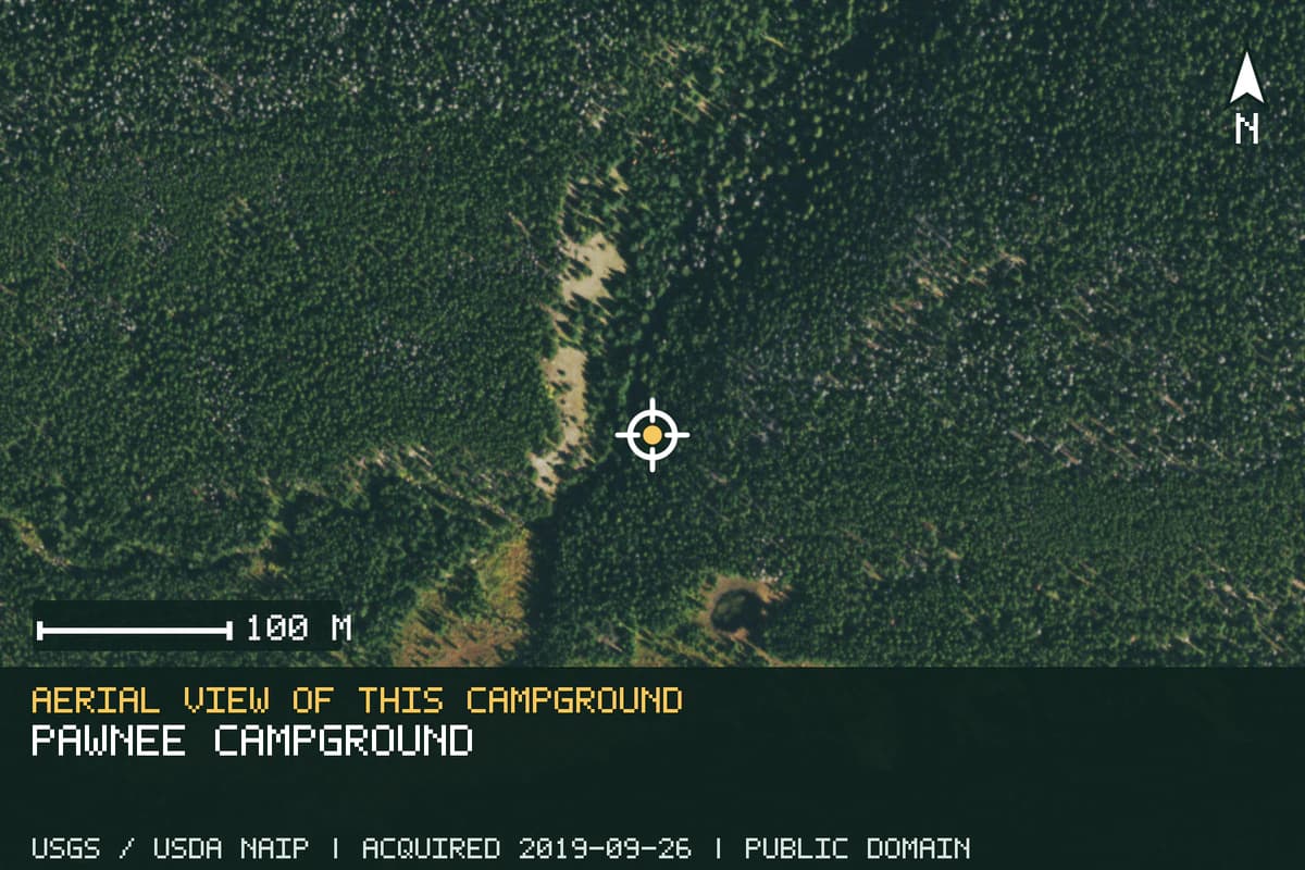Aerial view of Pawnee Campground, with the verified campground location marked.