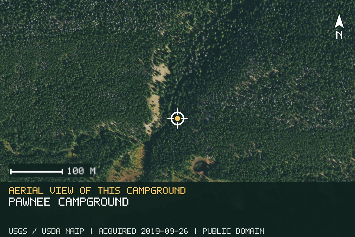 Aerial view of Pawnee Campground, with the verified campground location marked.