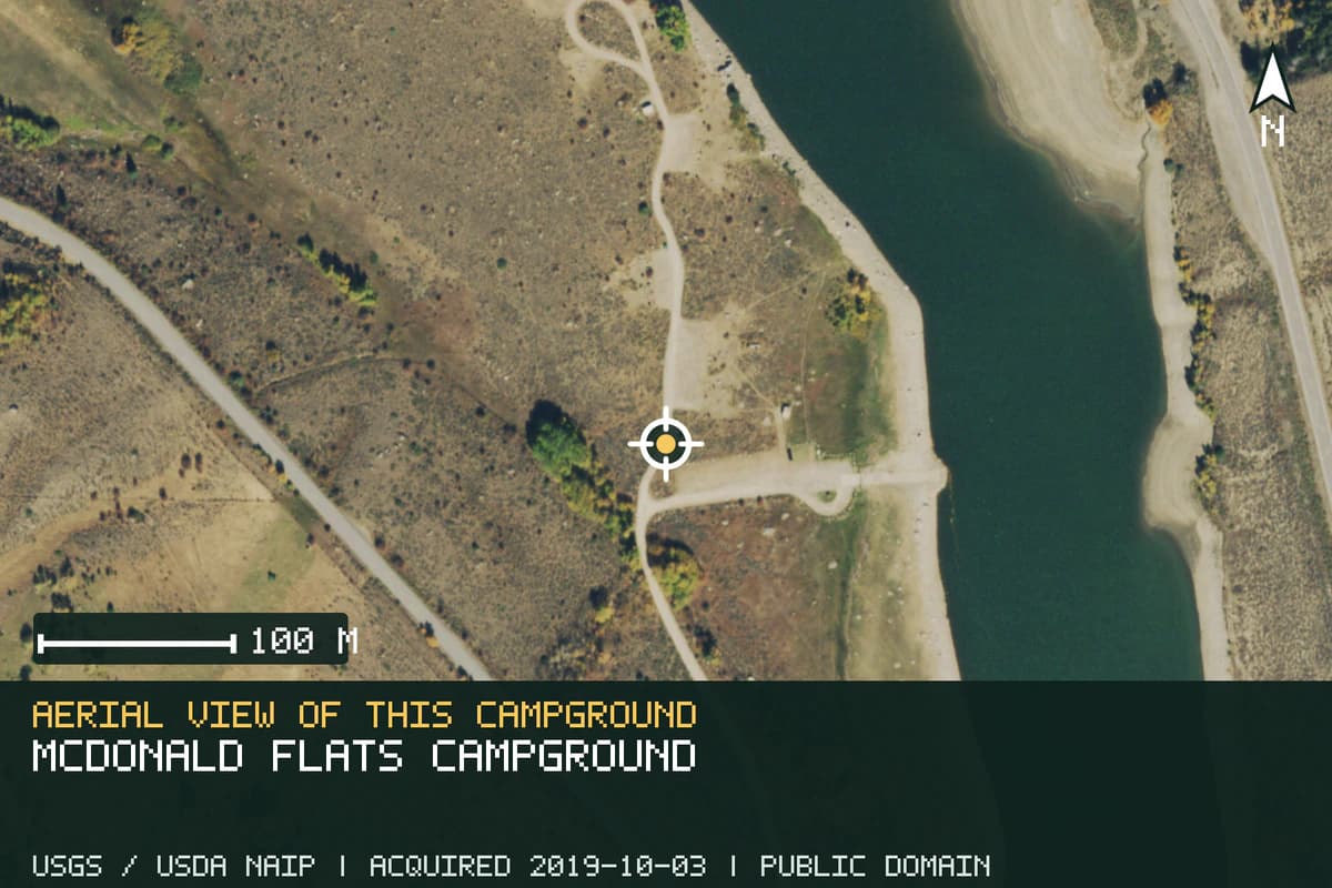 Aerial view of McDonald Flats Campground, with the verified campground location marked.