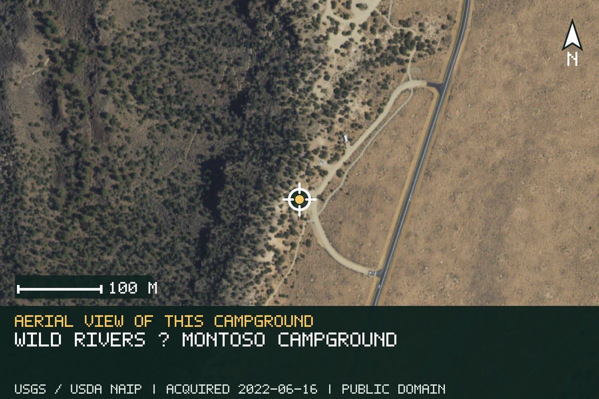 Aerial view of Wild Rivers · Montoso Campground, with the verified campground location marked.