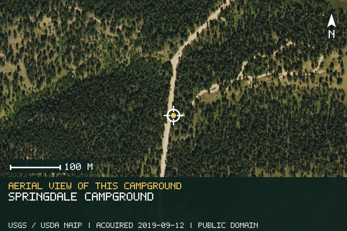 Aerial view of Springdale Campground, with the verified campground location marked.