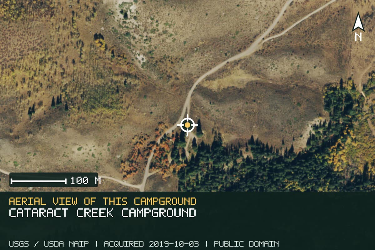 Aerial view of Cataract Creek Campground, with the verified campground location marked.