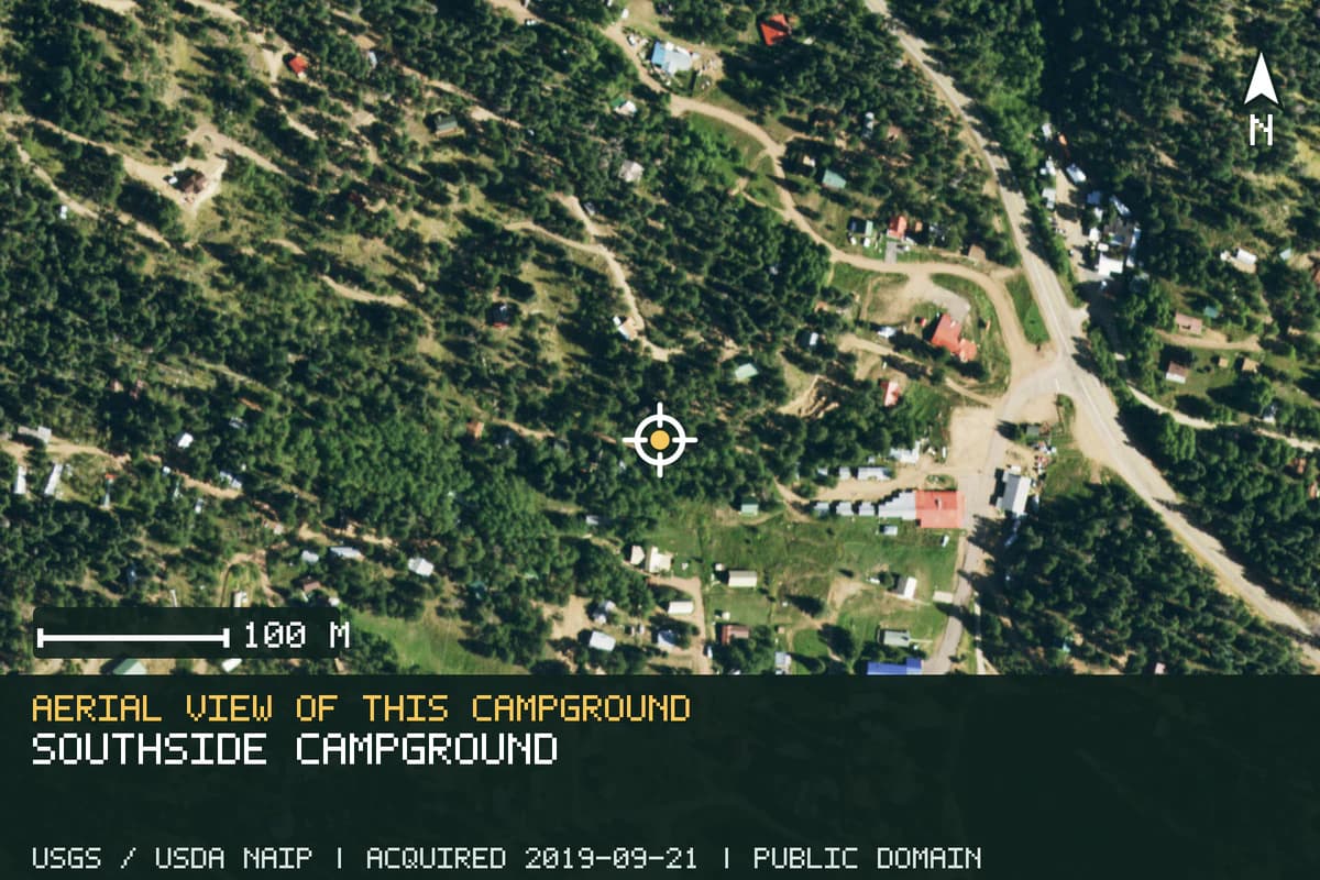 Aerial view of Southside Campground, with the verified campground location marked.