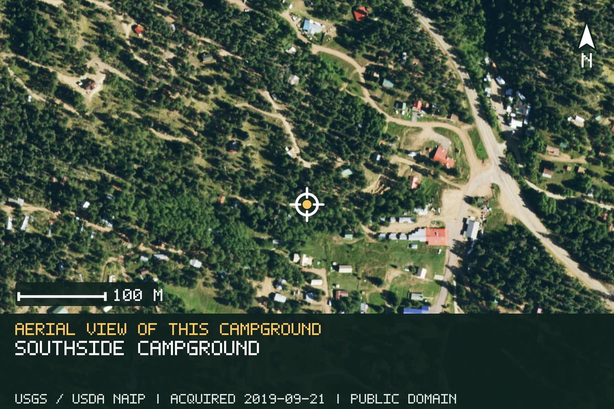 Aerial view of Southside Campground, with the verified campground location marked.