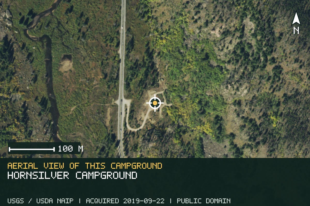 Aerial view of Hornsilver Campground, with the verified campground location marked.
