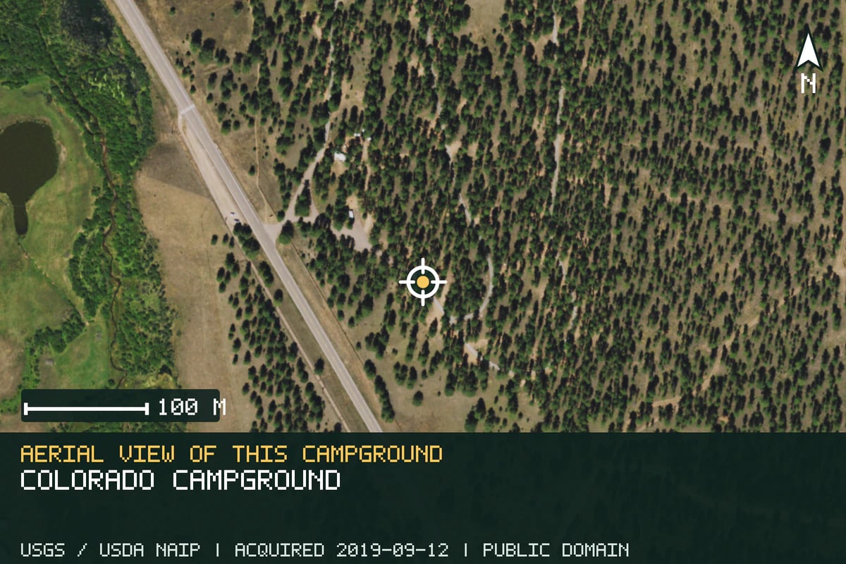 Aerial view of Colorado Campground, with the verified campground location marked.
