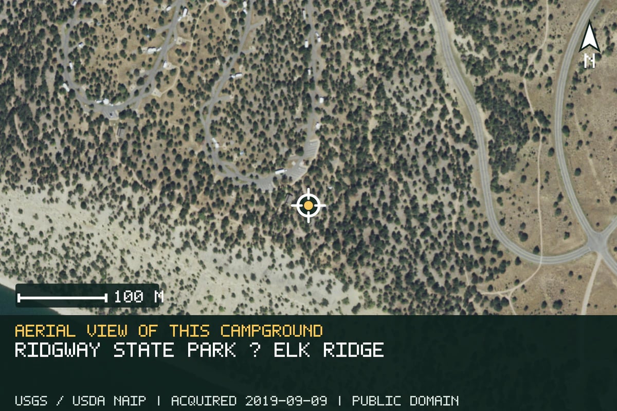 Aerial view of Ridgway State Park · Elk Ridge, with the verified campground location marked.