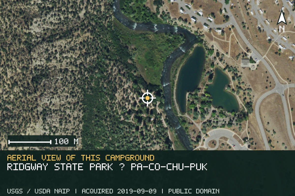 Aerial view of Ridgway State Park · Pa-Co-Chu-Puk, with the verified campground location marked.