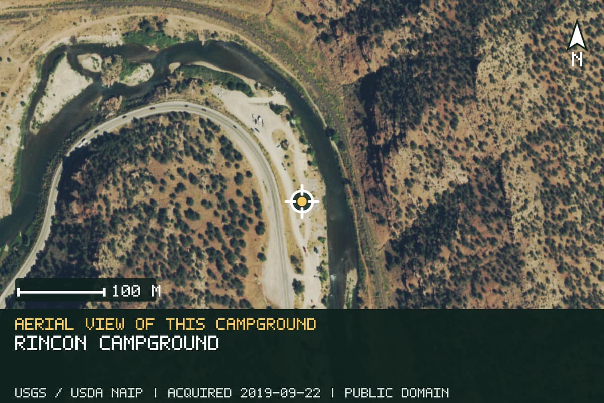 Aerial view of Rincon Campground, with the verified campground location marked.