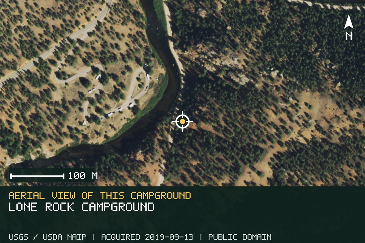 Aerial view of Lone Rock Campground, with the verified campground location marked.