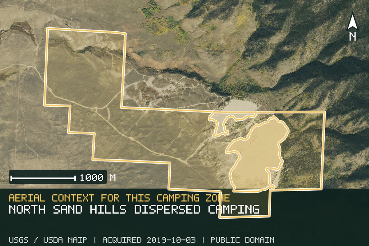 Aerial context for North Sand Hills dispersed camping, with the verified camping area outlined.