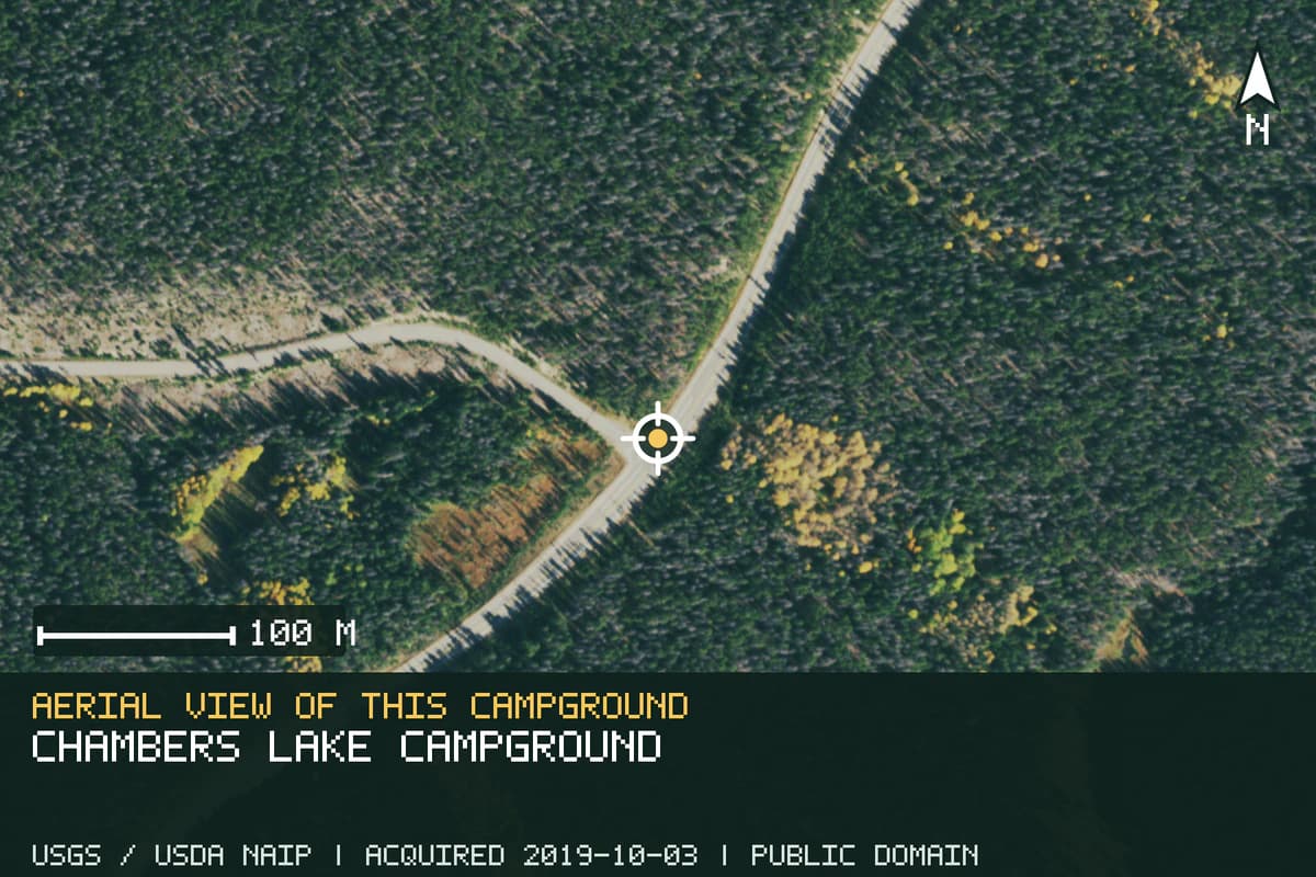 Aerial view of Chambers Lake Campground, with the verified campground location marked.