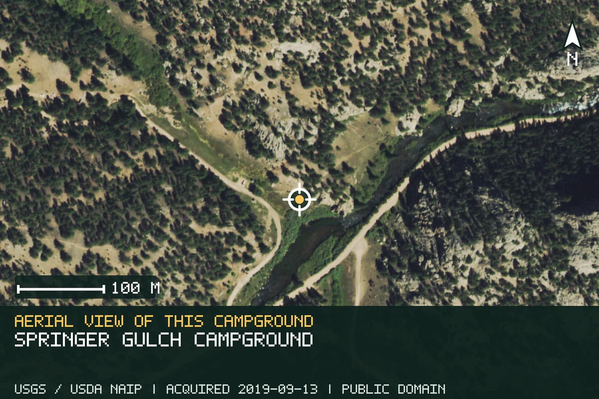 Aerial view of Springer Gulch Campground, with the verified campground location marked.