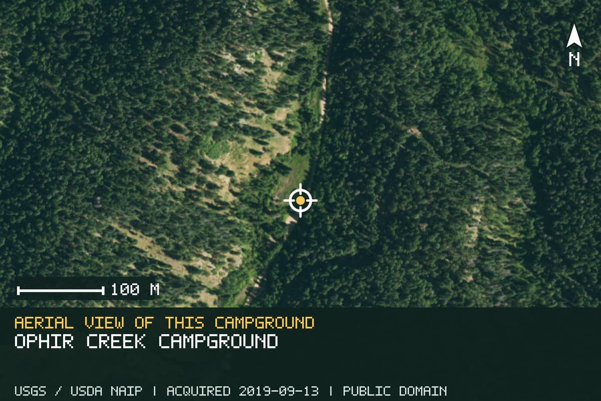 Aerial view of Ophir Creek Campground, with the verified campground location marked.