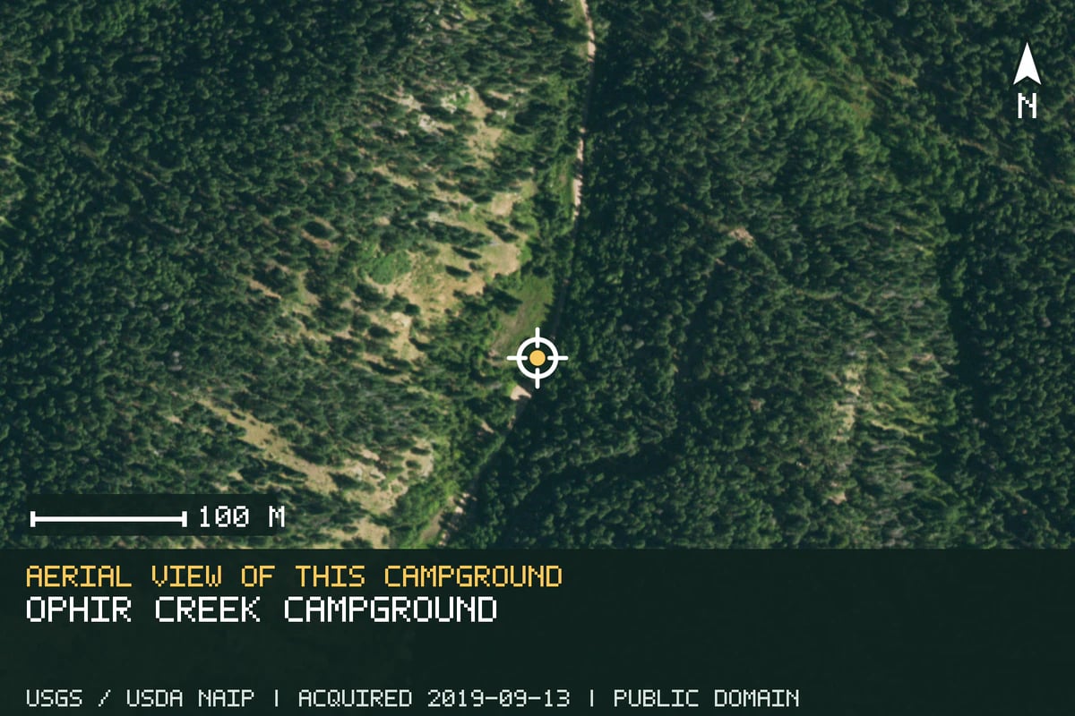 Aerial view of Ophir Creek Campground, with the verified campground location marked.