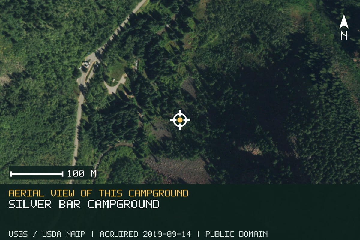 Aerial view of Silver Bar Campground, with the verified campground location marked.