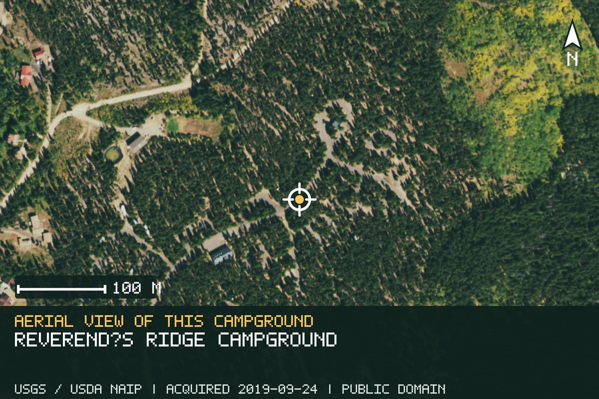 Aerial view of Reverend's Ridge Campground, with the verified campground location marked.