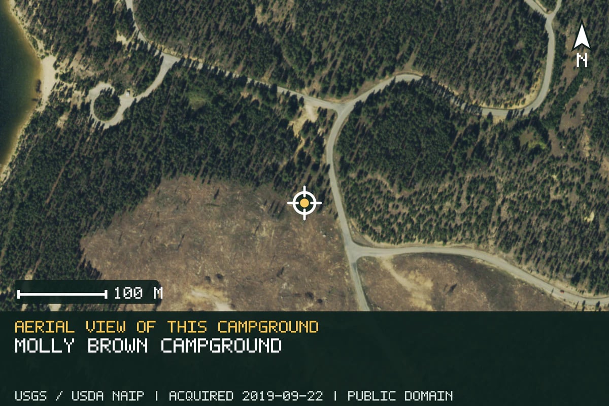 Aerial view of Molly Brown Campground, with the verified campground location marked.