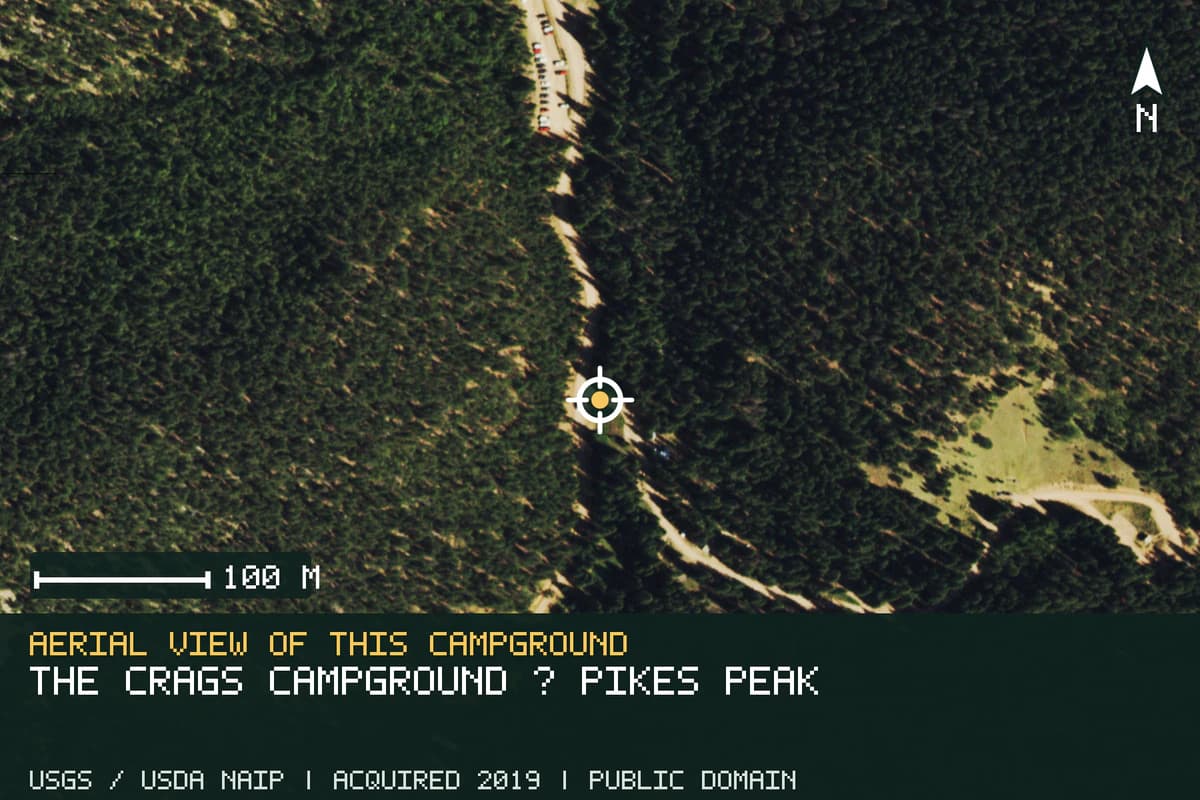 Aerial view of The Crags Campground — Pikes Peak, with the verified campground location marked.