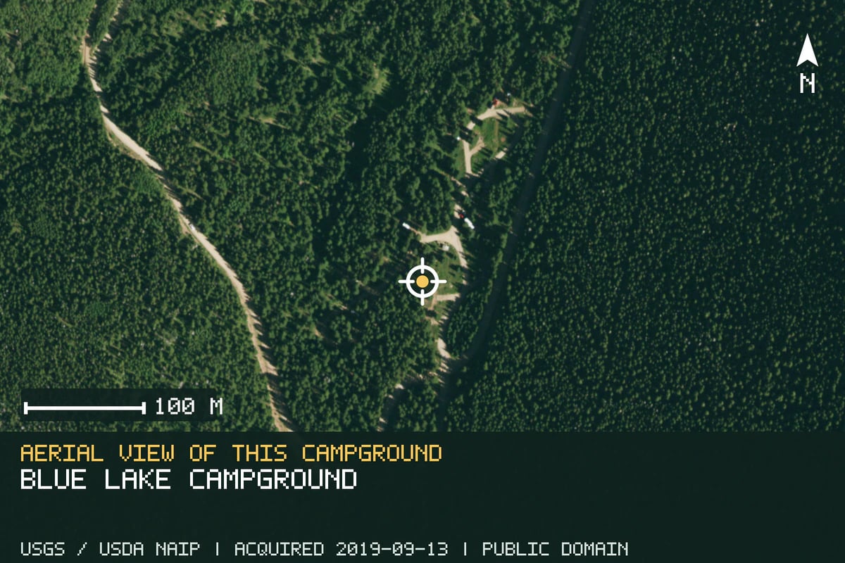 Aerial view of Blue Lake Campground, with the verified campground location marked.