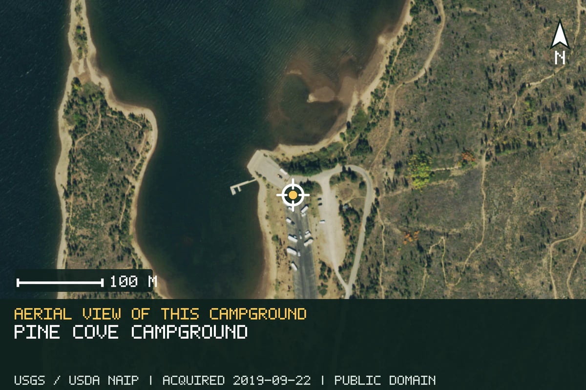 Aerial view of Pine Cove Campground, with the verified campground location marked.