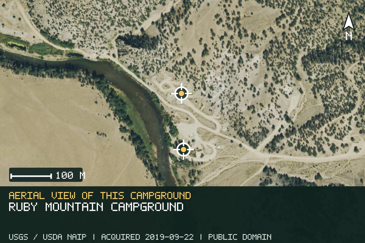 Aerial view of Ruby Mountain Campground, with the verified campground locations marked.