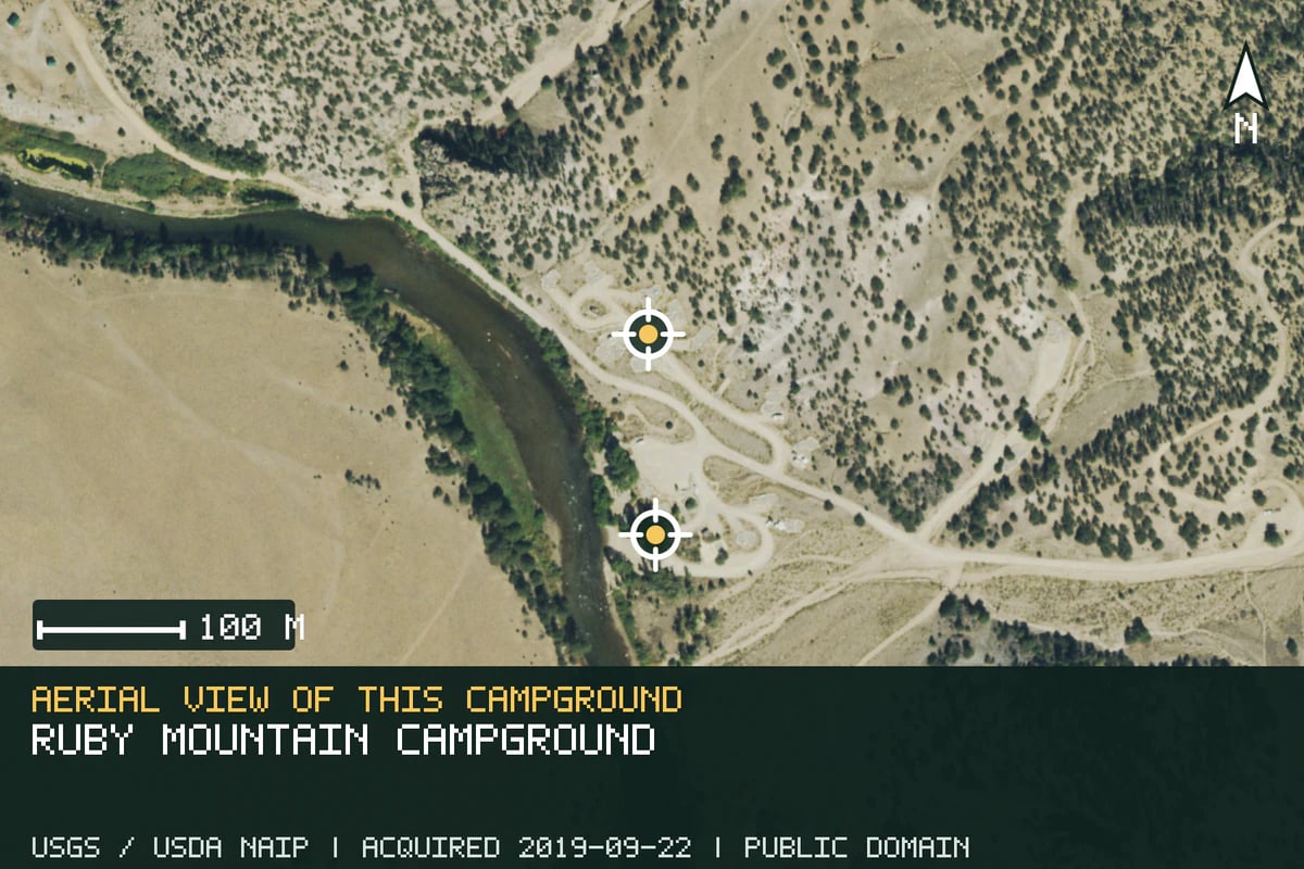 Aerial view of Ruby Mountain Campground, with the verified campground locations marked.
