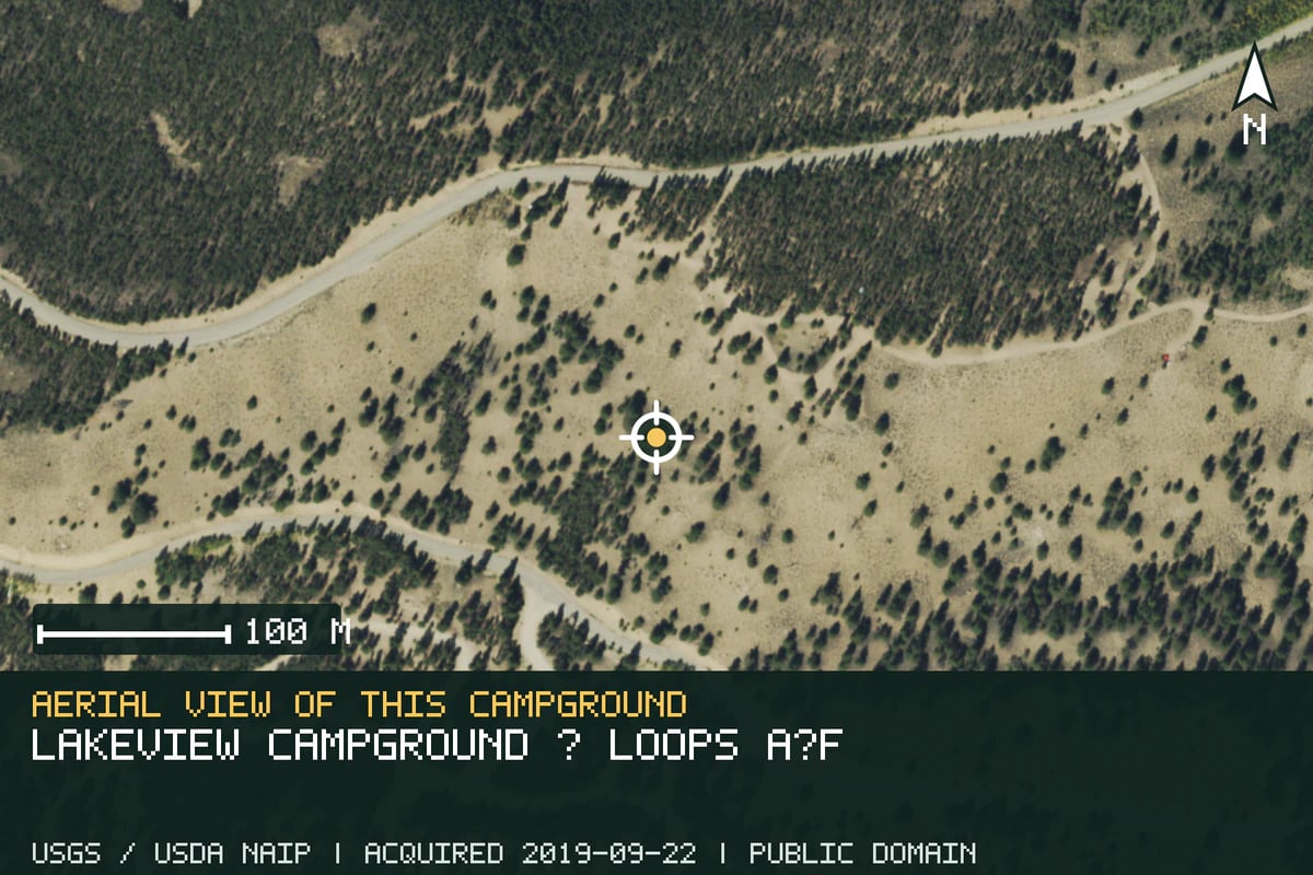 Aerial view of Lakeview Campground — loops A–F, with the verified campground location marked.
