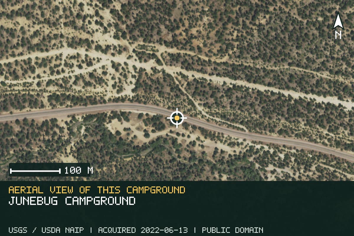 Aerial view of Junebug Campground, with the verified campground location marked.