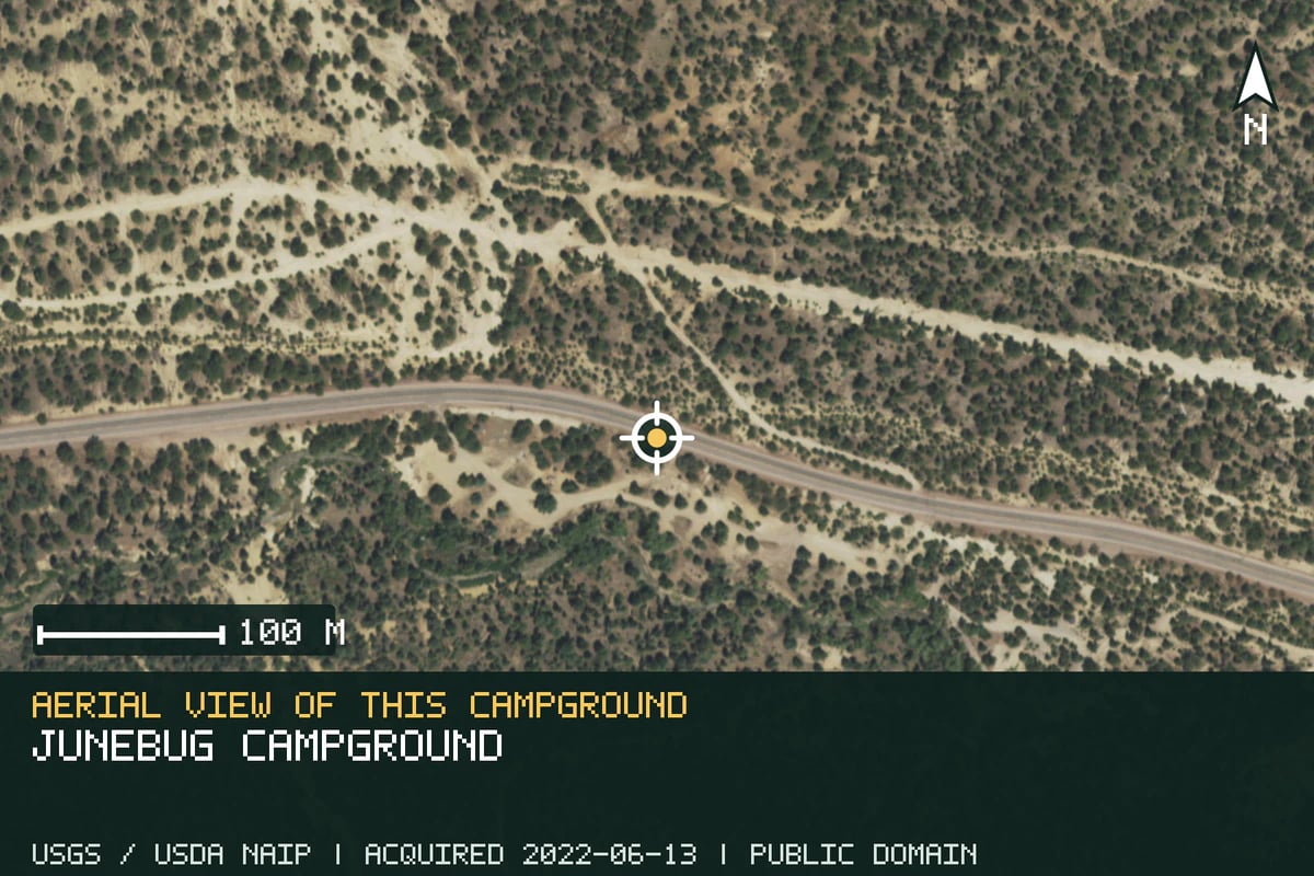 Aerial view of Junebug Campground, with the verified campground location marked.
