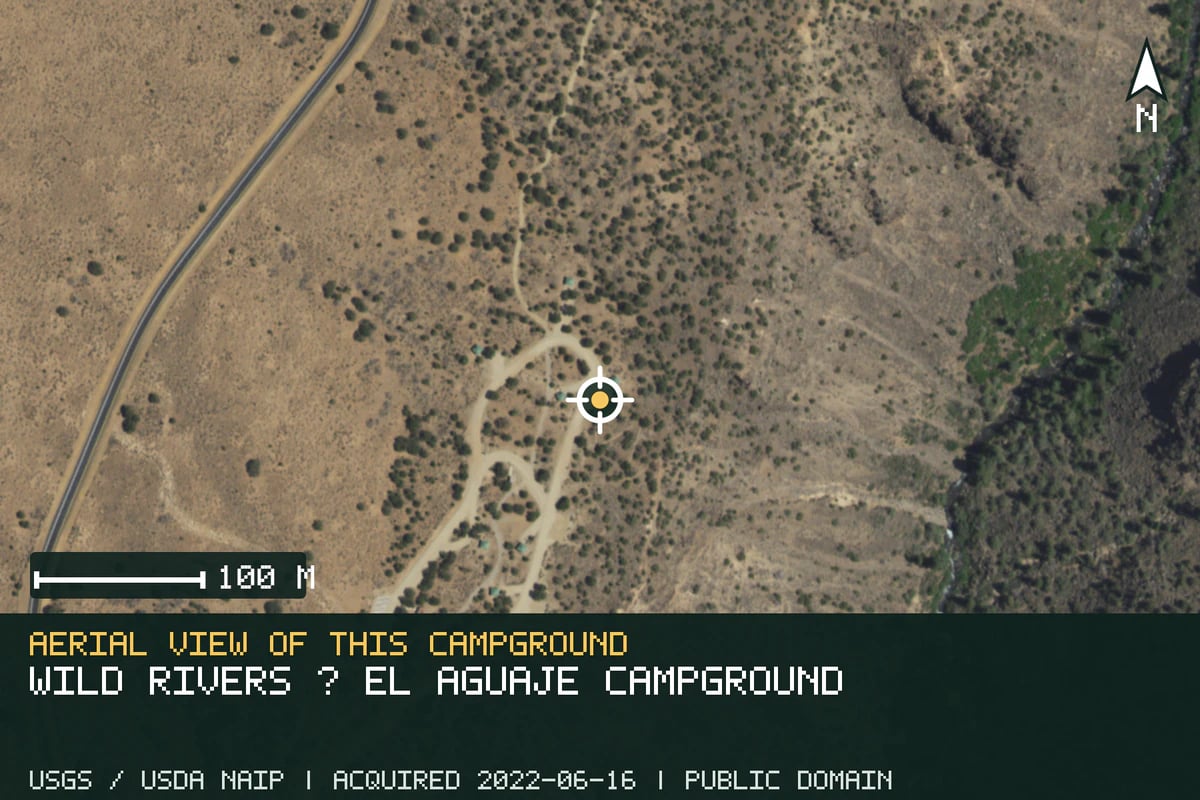 Aerial view of Wild Rivers · El Aguaje Campground, with the verified campground location marked.