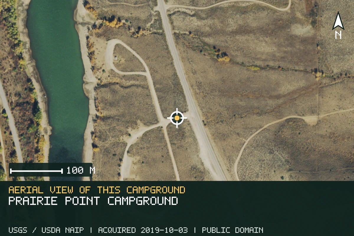 Aerial view of Prairie Point Campground, with the verified campground location marked.