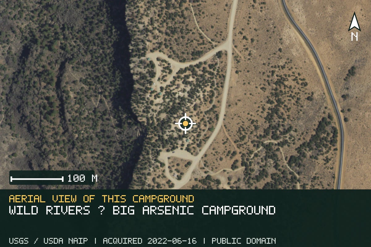 Aerial view of Wild Rivers · Big Arsenic Campground, with the verified campground location marked.