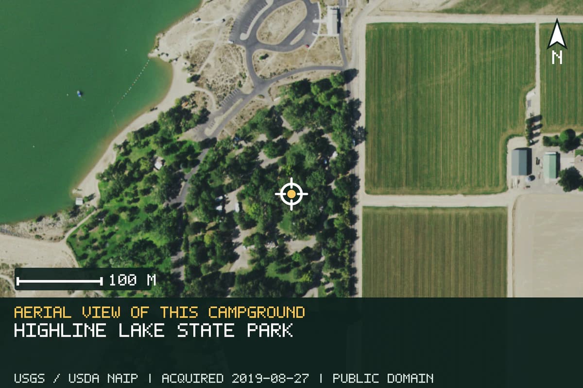 Aerial view of Highline Lake State Park, with the verified campground location marked.