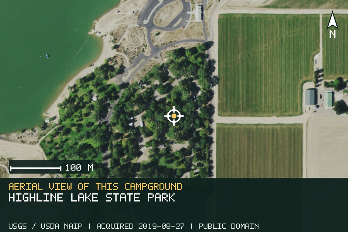 Aerial view of Highline Lake State Park, with the verified campground location marked.