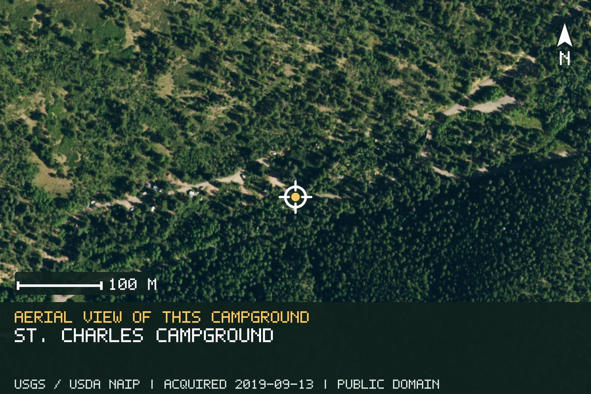 Aerial view of St. Charles Campground, with the verified campground location marked.