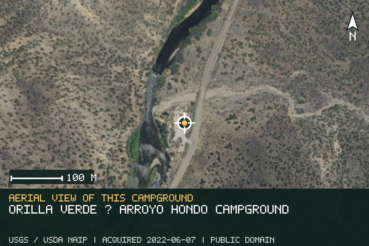 Aerial view of Orilla Verde · Arroyo Hondo Campground, with the verified campground location marked.
