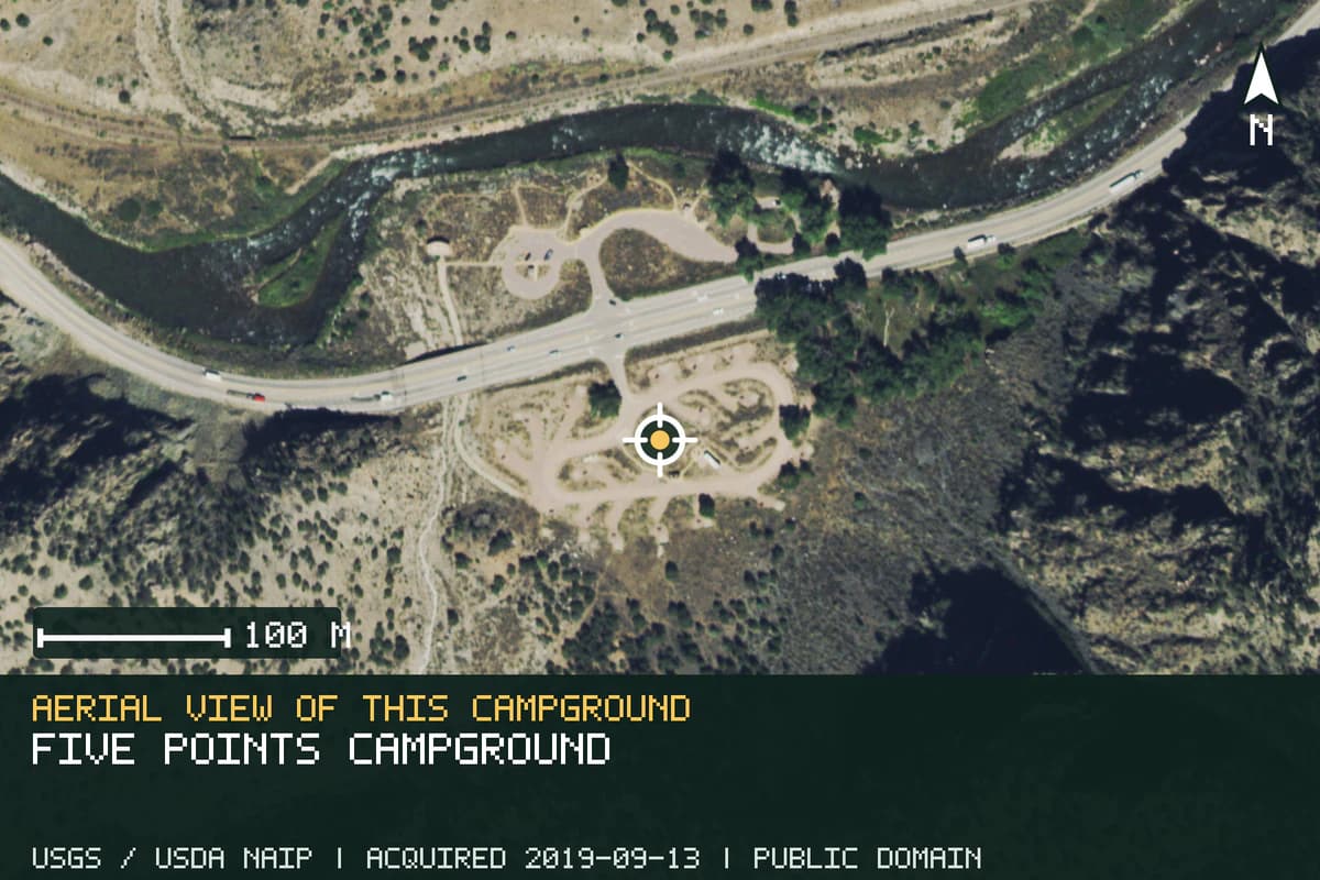 Aerial view of Five Points Campground, with the verified campground location marked.