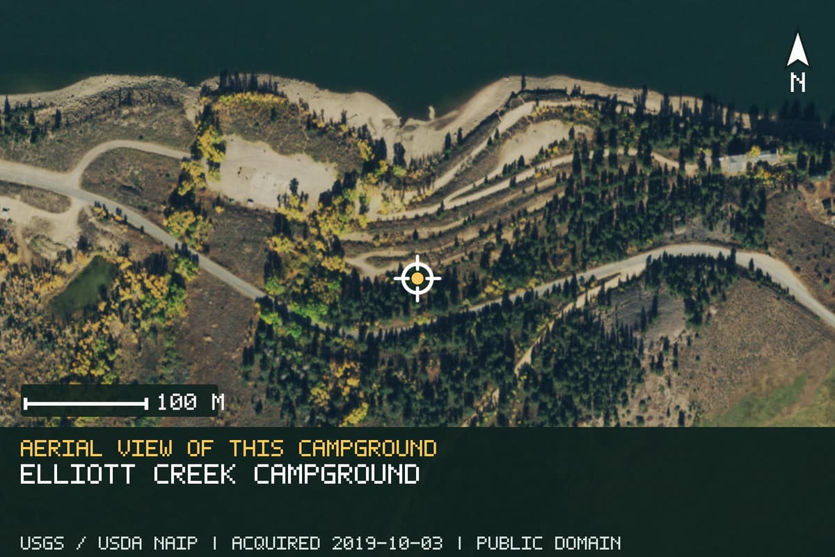 Aerial view of Elliott Creek Campground, with the verified campground location marked.