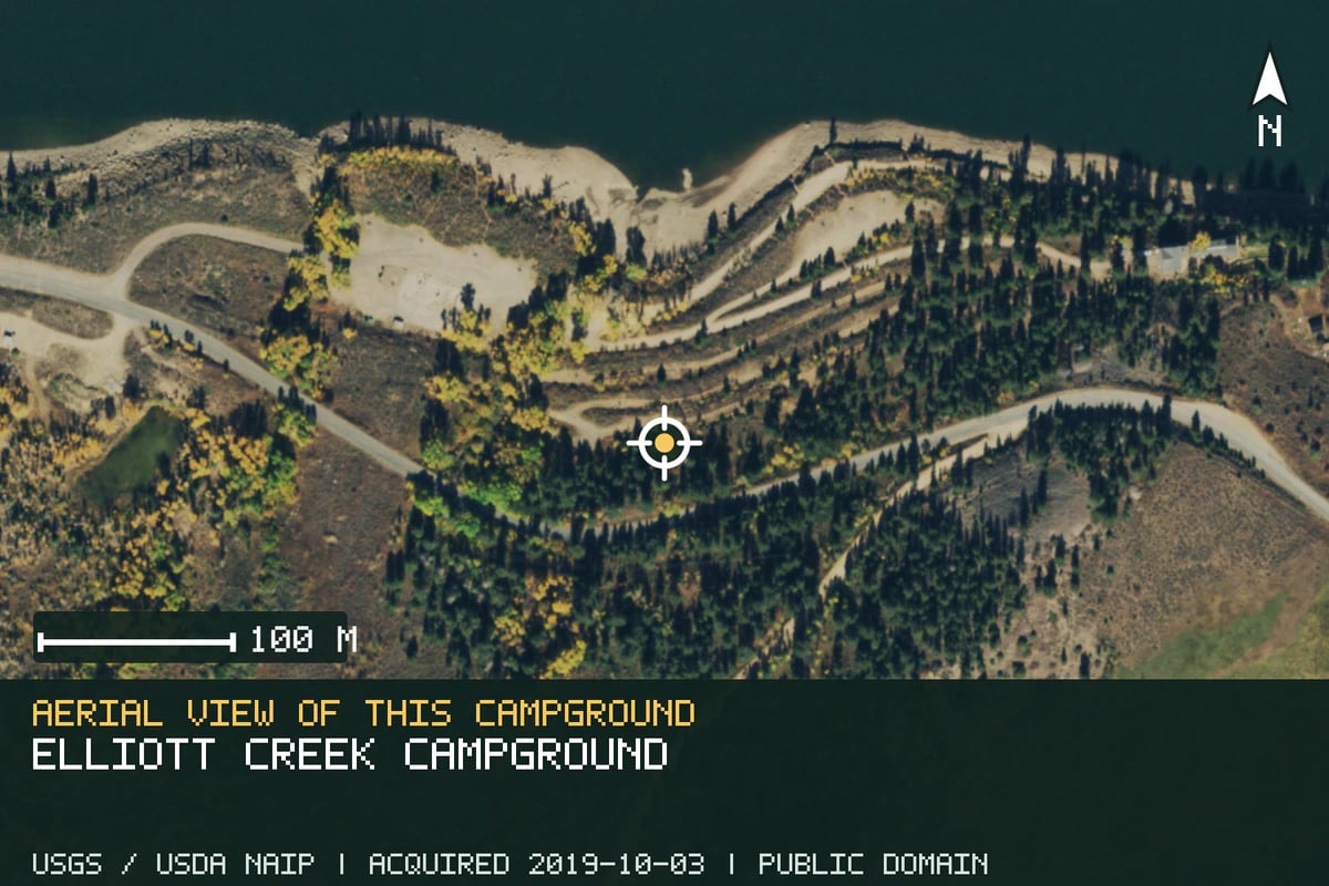 Aerial view of Elliott Creek Campground, with the verified campground location marked.