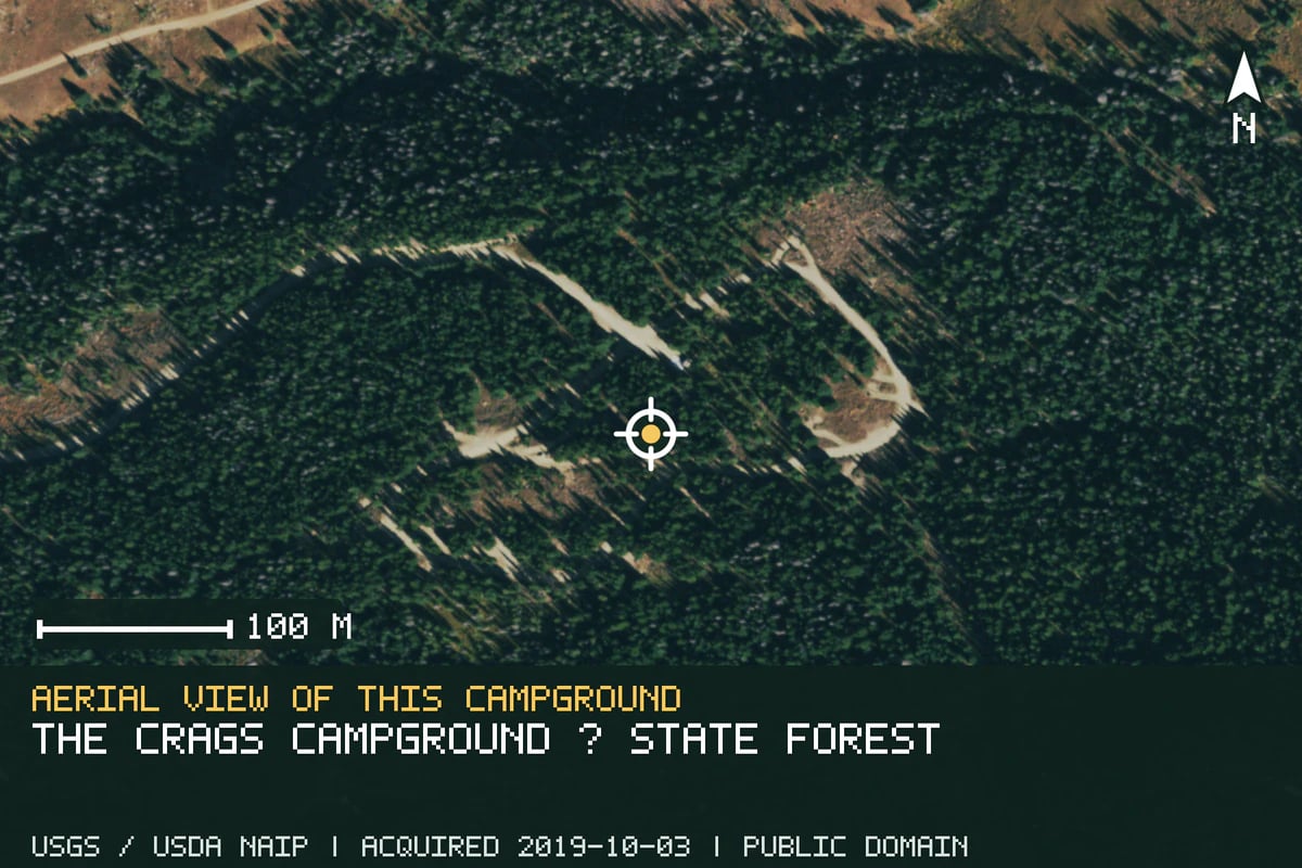 Aerial view of The Crags Campground · State Forest, with the verified campground location marked.