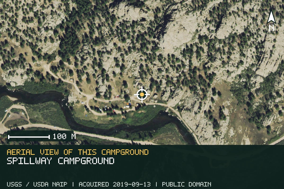 Aerial view of Spillway Campground, with the verified campground location marked.