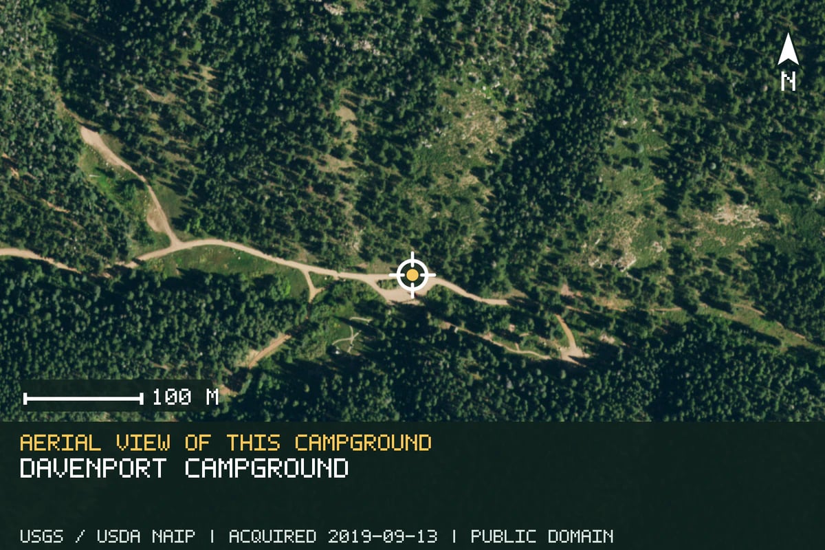 Aerial view of Davenport Campground, with the verified campground location marked.