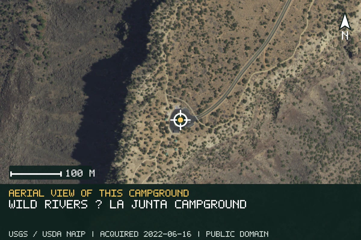 Aerial view of Wild Rivers · La Junta Campground, with the verified campground location marked.