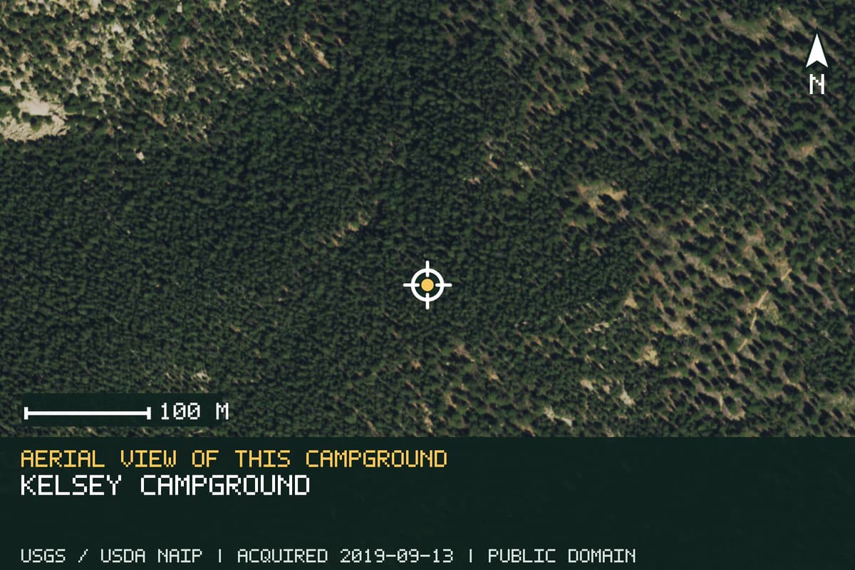 Aerial view of Kelsey Campground, with the verified campground location marked.