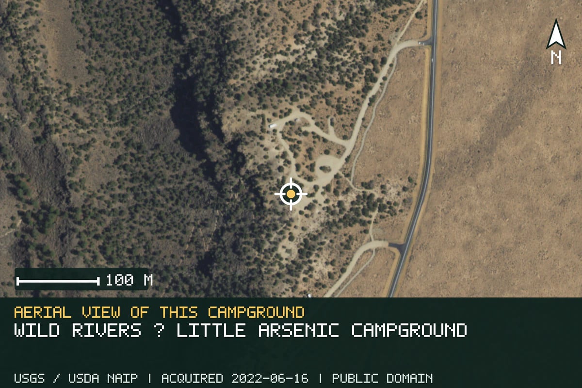 Aerial view of Wild Rivers · Little Arsenic Campground, with the verified campground location marked.