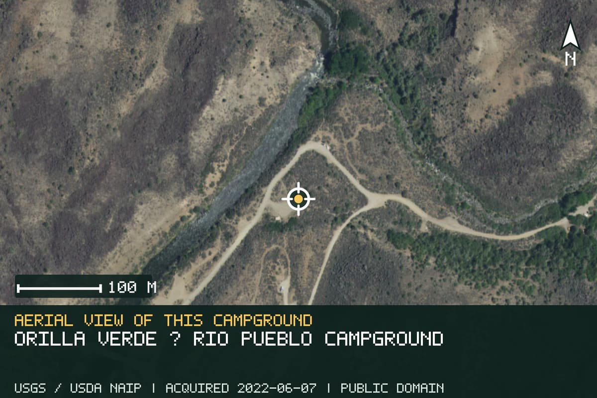 Aerial view of Orilla Verde · Río Pueblo Campground, with the verified campground location marked.